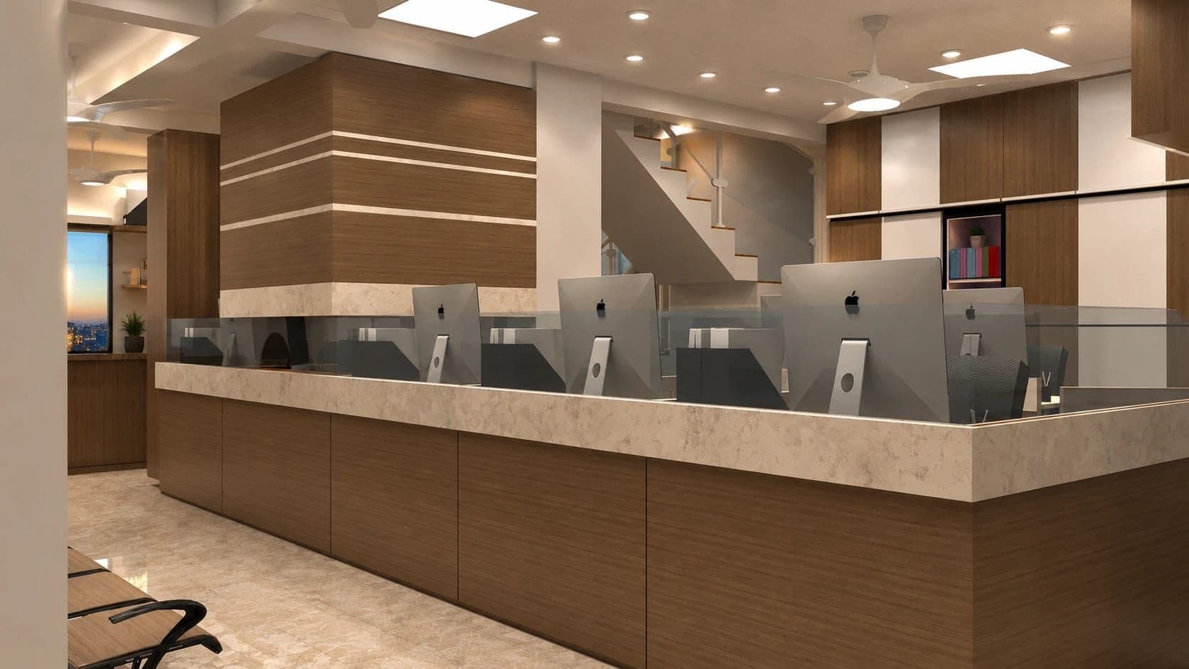 3D render of the cash counter and teller stations, Shriram Nagari Patsanstha, Baner, Pune