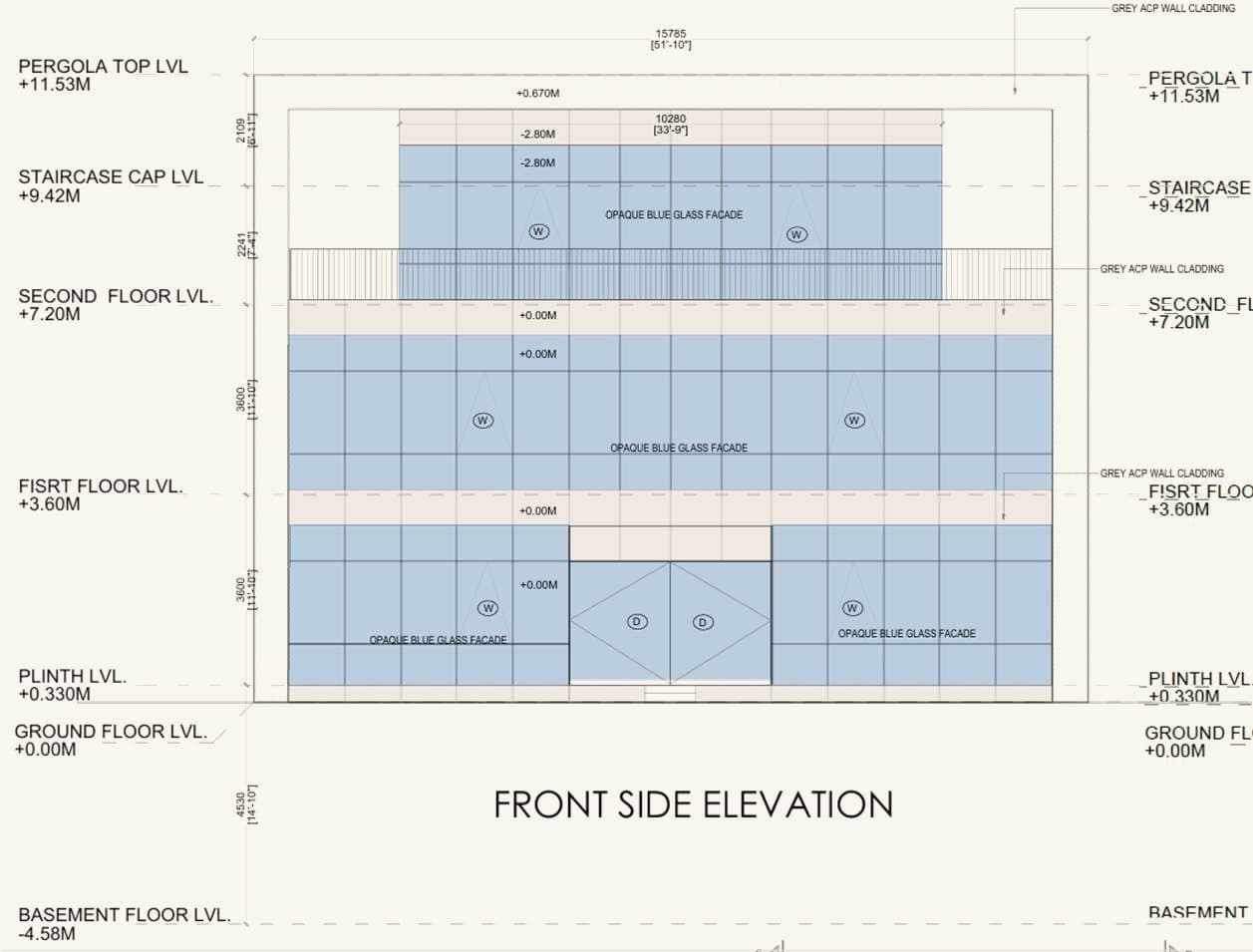 As-built front elevation drawn from a field survey, Cognizant IT Park, Hinjawadi, Pune