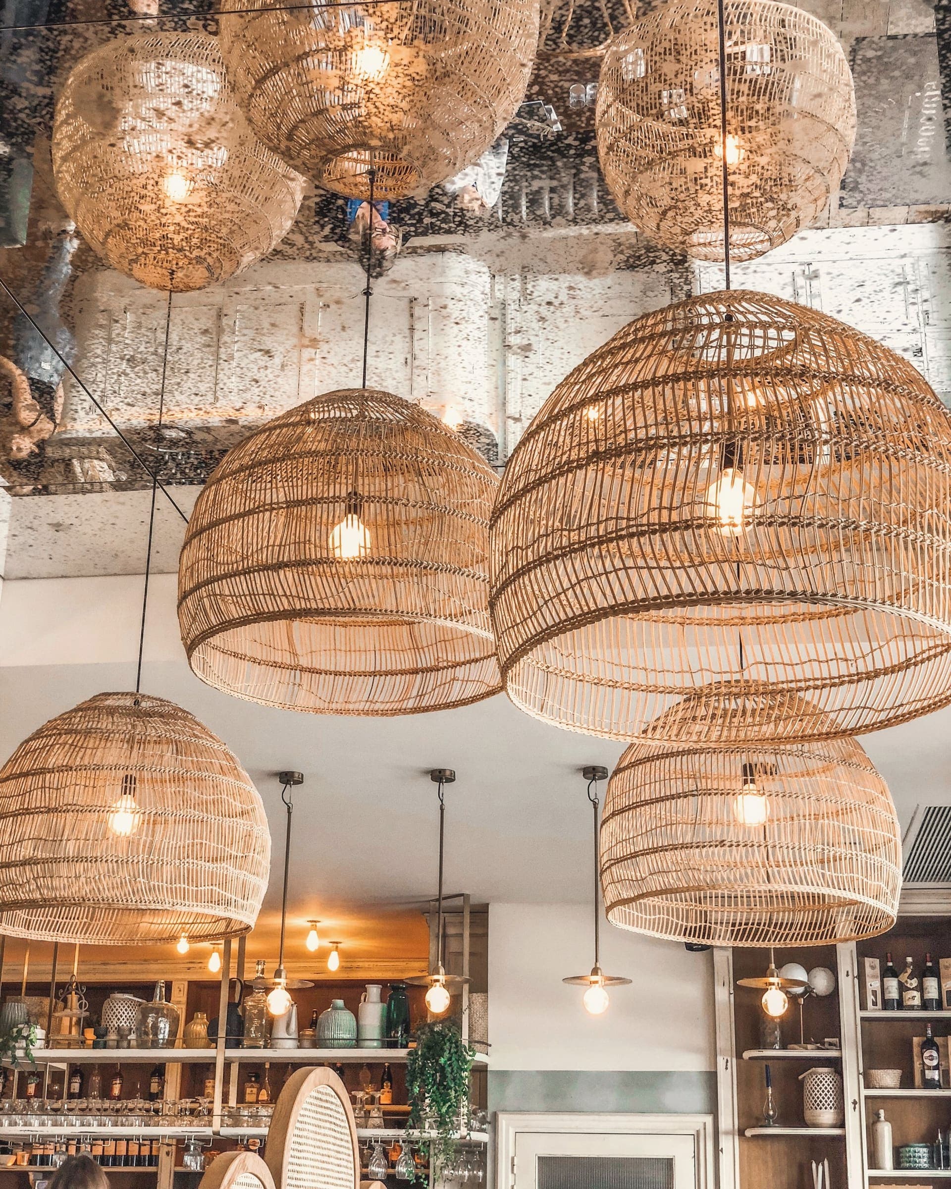Woven rattan pendant lights, BBQ Miles Café, Dhanori, Pune